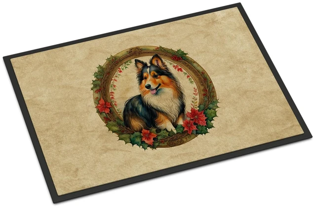 Main image of NEW Sheltie Christmas Flowers Doormat Front Door Mat Indoor Outdoor Rugs for Entryway, Non Slip Washable Low Pile, 18H X 27W