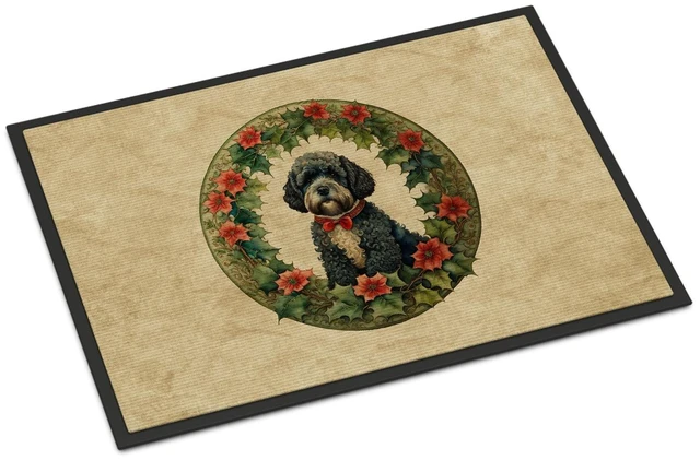 Main image of NEW Portuguese Water Dog Christmas Flowers Doormat Front Door Mat Indoor Outdoor Rugs for Entryway, Non Slip Washable Low Pile, 18H X 27W