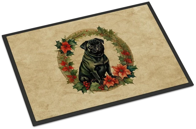 Main image of NEW Pug Christmas Flowers Doormat Front Door Mat Indoor Outdoor Rugs for Entryway, Non Slip Washable Low Pile, 18H X 27W