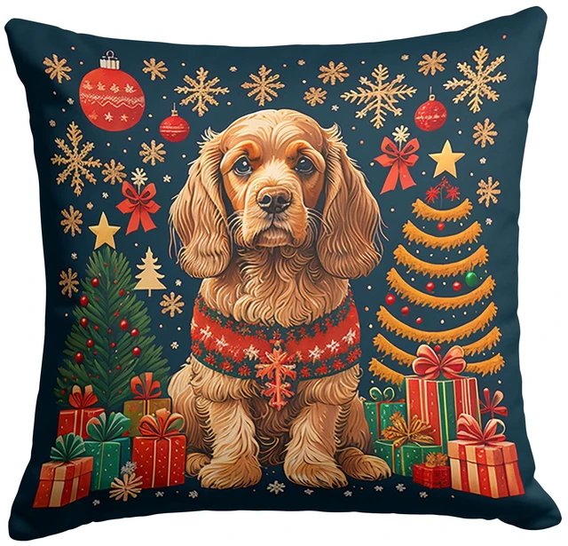 Main image of Cocker Spaniel Christmas Throw Pillow Machine Washable, Indoor Outdoor Decorative Pillow for Couch, Bed or Patio, 18Hx18W