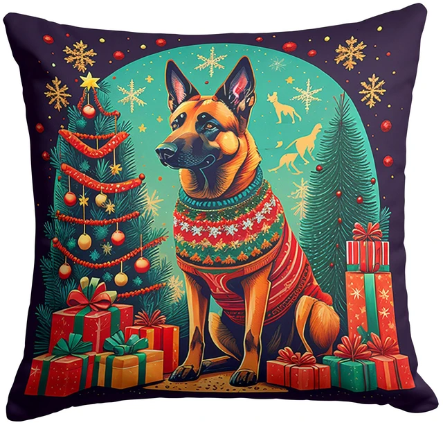 Main image of Belgian Malinois Christmas Throw Pillow Machine Washable, Indoor Outdoor Decorative Pillow for Couch, Bed or Patio, 18Hx18W
