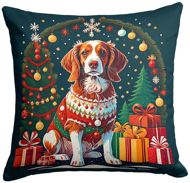 Main image of Brittany Spaniel Christmas Throw Pillow Machine Washable, Indoor Outdoor Decorative Pillow for Couch, Bed or Patio, 18Hx18W