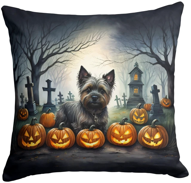 Main image of Cairn Terrier Spooky Halloween Throw Pillow Machine Washable, Indoor Outdoor Decorative Pillow for Couch, Bed or Patio, 18Hx18W