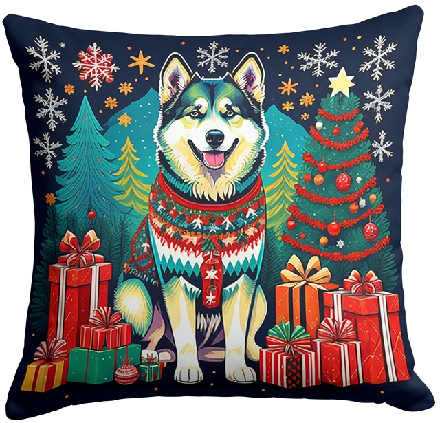Main image of Alaskan Malamute Christmas Throw Pillow Machine Washable, Indoor Outdoor Decorative Pillow for Couch, Bed or Patio, 18Hx18W