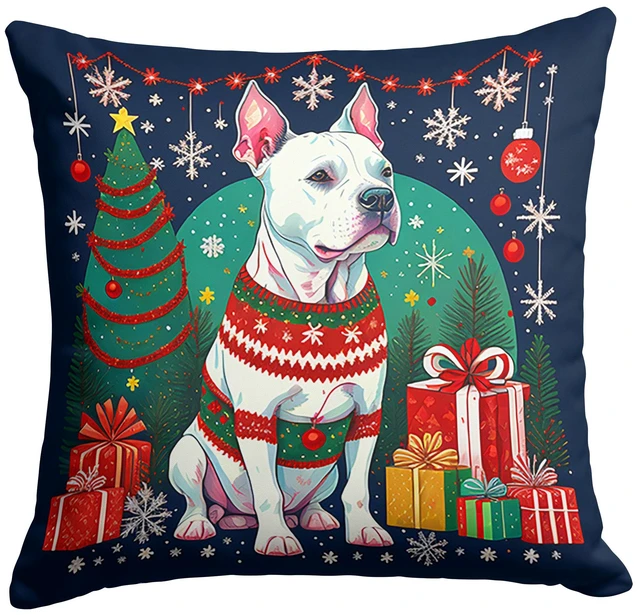 Main image of NEW White Pit Bull Terrier Christmas Throw Pillow Machine Washable, Indoor Outdoor Decorative Pillow for Couch, Bed or Patio, 18Hx18W