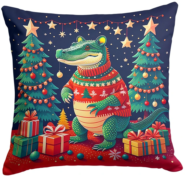 Main image of Alligator Christmas Throw Pillow Machine Washable, Indoor Outdoor Decorative Pillow for Couch, Bed or Patio, 18Hx18W