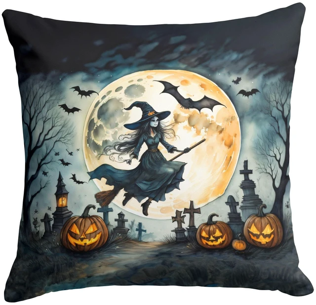 Main image of Flying Witch Spooky Halloween Throw Pillow Machine Washable, Indoor Outdoor Decorative Pillow for Couch, Bed or Patio, 18Hx18W
