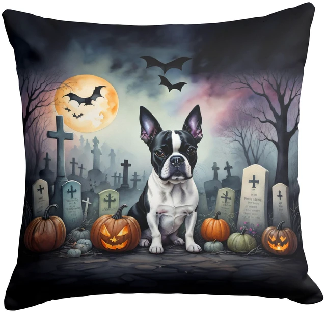 Main image of Boston Terrier Spooky Halloween Throw Pillow Machine Washable, Indoor Outdoor Decorative Pillow for Couch, Bed or Patio, 18Hx18W
