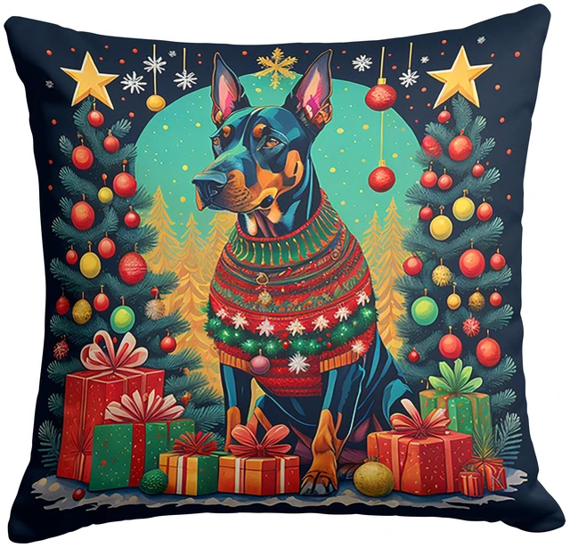 Main image of Doberman Pinscher Christmas Throw Pillow Machine Washable, Indoor Outdoor Decorative Pillow for Couch, Bed or Patio, 18Hx18W