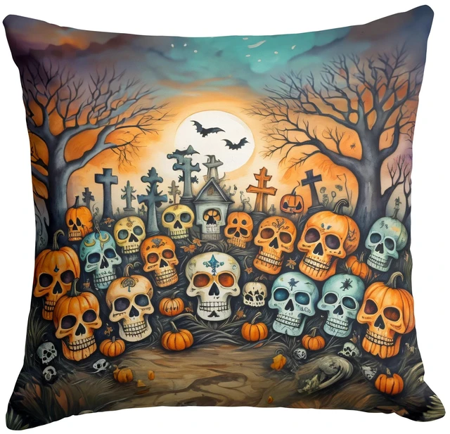 Main image of Calaveras Sugar Skulls Spooky Halloween Throw Pillow Machine Washable, Indoor Outdoor Decorative Pillow for Couch, Bed or Patio, 18Hx18W