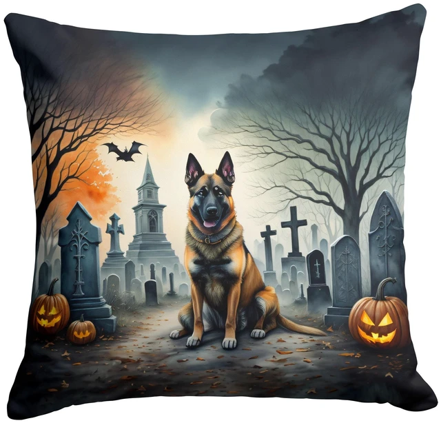 Main image of Belgian Malinois Spooky Halloween Throw Pillow Machine Washable, Indoor Outdoor Decorative Pillow for Couch, Bed or Patio, 18Hx18W
