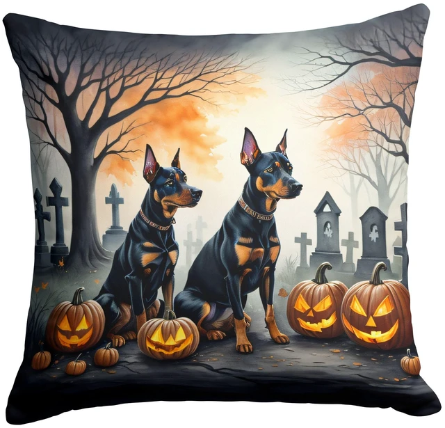Main image of Doberman Pinscher Spooky Halloween Throw Pillow Machine Washable, Indoor Outdoor Decorative Pillow for Couch, Bed or Patio, 18Hx18W