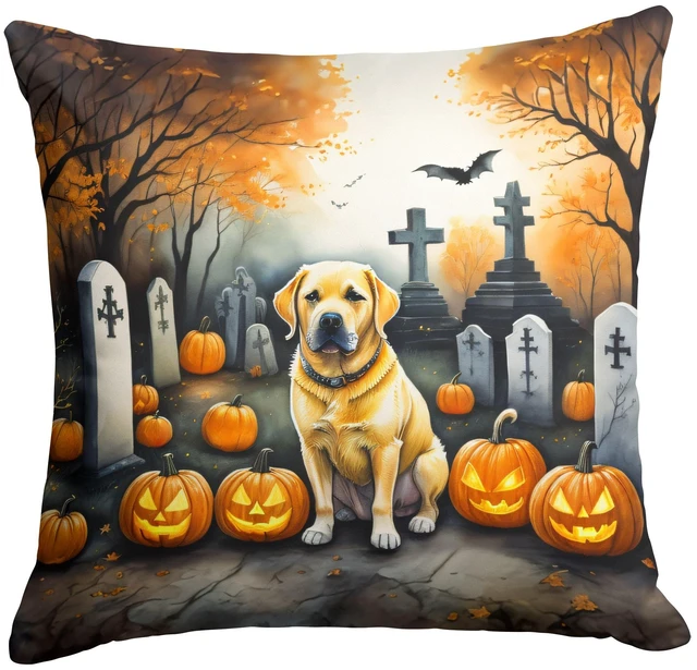 Main image of Yellow Labrador Retriever Spooky Halloween Throw Pillow Machine Washable, Indoor Outdoor Decorative Pillow for Couch, Bed or Patio, 18Hx18W