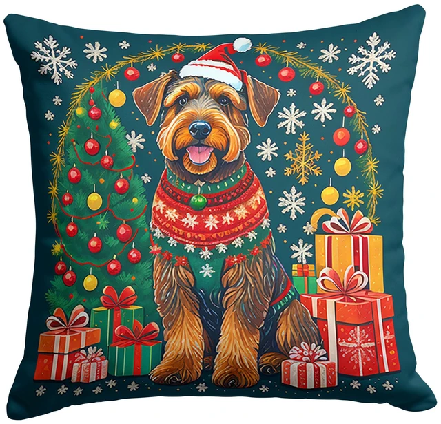 Main image of Airedale Terrier Christmas Throw Pillow Machine Washable, Indoor Outdoor Decorative Pillow for Couch, Bed or Patio, 18Hx18W