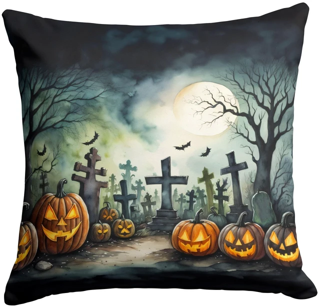 Main image of Graveyard Spooky Halloween Throw Pillow Machine Washable, Indoor Outdoor Decorative Pillow for Couch, Bed or Patio, 18Hx18W