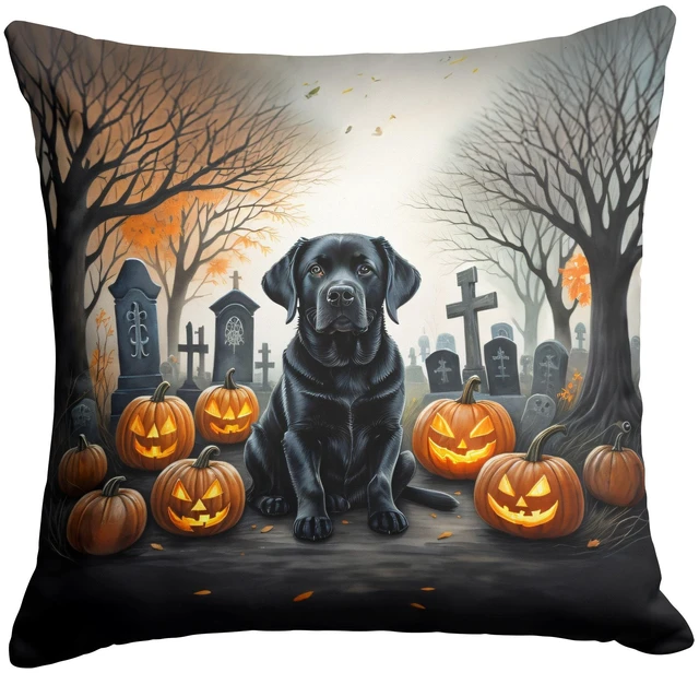 Main image of Black Labrador Retriever Spooky Halloween Throw Pillow Machine Washable, Indoor Outdoor Decorative Pillow for Couch, Bed or Patio, 18Hx18W