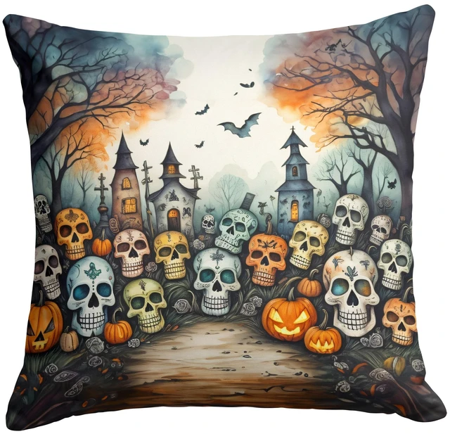 Main image of Calaveras Sugar Skulls Spooky Halloween Throw Pillow Machine Washable, Indoor Outdoor Decorative Pillow for Couch, Bed or Patio, 18Hx18W