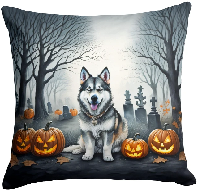 Main image of Alaskan Malamute Spooky Halloween Throw Pillow Machine Washable, Indoor Outdoor Decorative Pillow for Couch, Bed or Patio, 18Hx18W