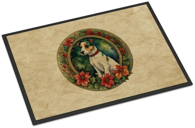 Main image of NEW Jack Russell Terrier Christmas Flowers Doormat Front Door Mat Indoor Outdoor Rugs for Entryway, Non Slip Washable Low Pile, 18H X 27W