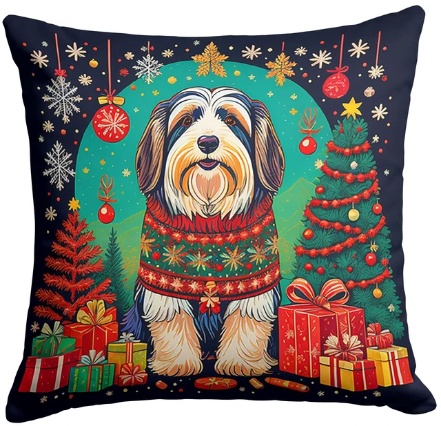 Main image of Bearded Collie Christmas Throw Pillow Machine Washable, Indoor Outdoor Decorative Pillow for Couch, Bed or Patio, 18Hx18W