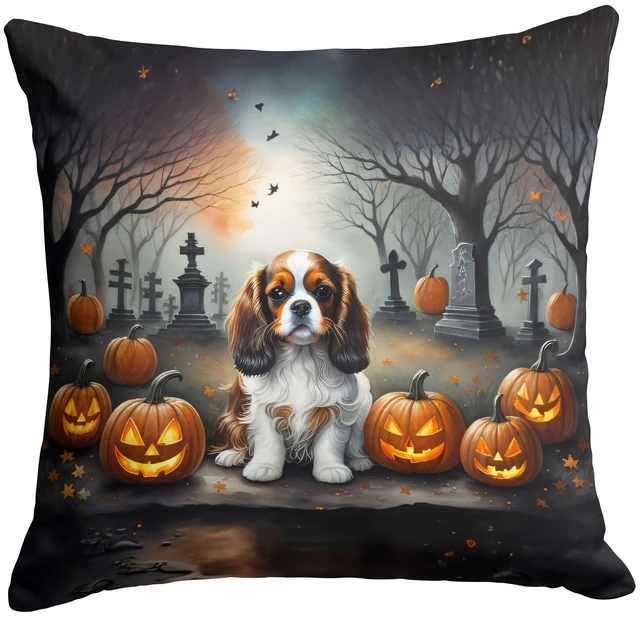 Main image of Cavalier Spaniel Spooky Halloween Throw Pillow Machine Washable, Indoor Outdoor Decorative Pillow for Couch, Bed or Patio, 18Hx18W