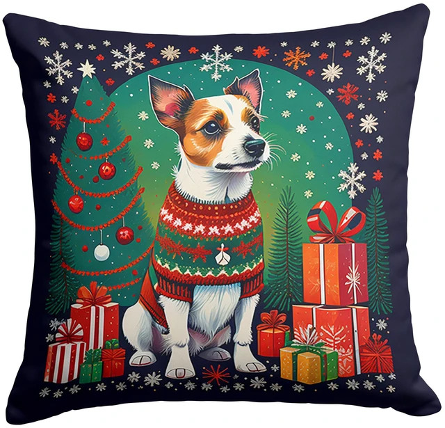Main image of Jack Russell Terrier Christmas Throw Pillow Machine Washable, Indoor Outdoor Decorative Pillow for Couch, Bed or Patio, 18Hx18W