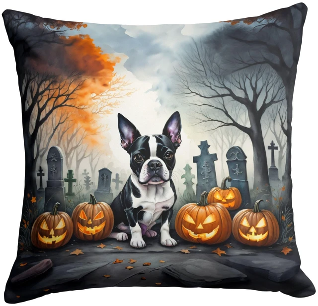 Main image of Boston Terrier Spooky Halloween Throw Pillow Machine Washable, Indoor Outdoor Decorative Pillow for Couch, Bed or Patio, 18Hx18W