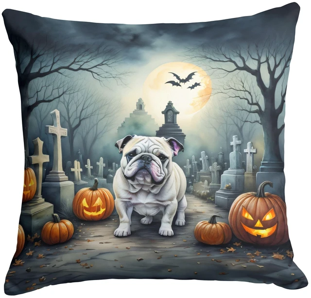 Main image of English Bulldog Spooky Halloween Throw Pillow Machine Washable, Indoor Outdoor Decorative Pillow for Couch, Bed or Patio, 18Hx18W