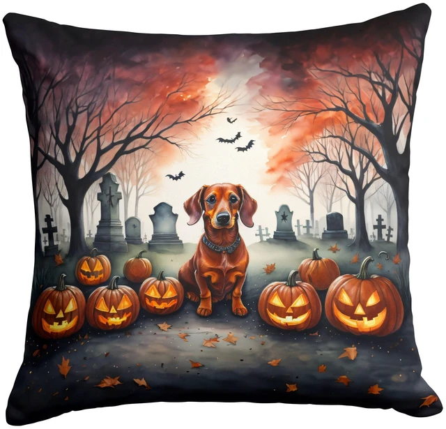 Main image of Dachshund Spooky Halloween Throw Pillow Machine Washable, Indoor Outdoor Decorative Pillow for Couch, Bed or Patio, 18Hx18W