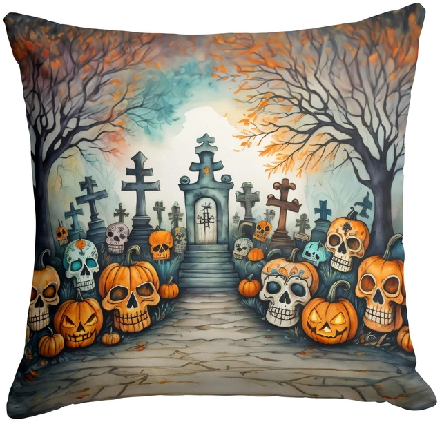 Main image of Calaveras Sugar Skulls Spooky Halloween Throw Pillow Machine Washable, Indoor Outdoor Decorative Pillow for Couch, Bed or Patio, 18Hx18W