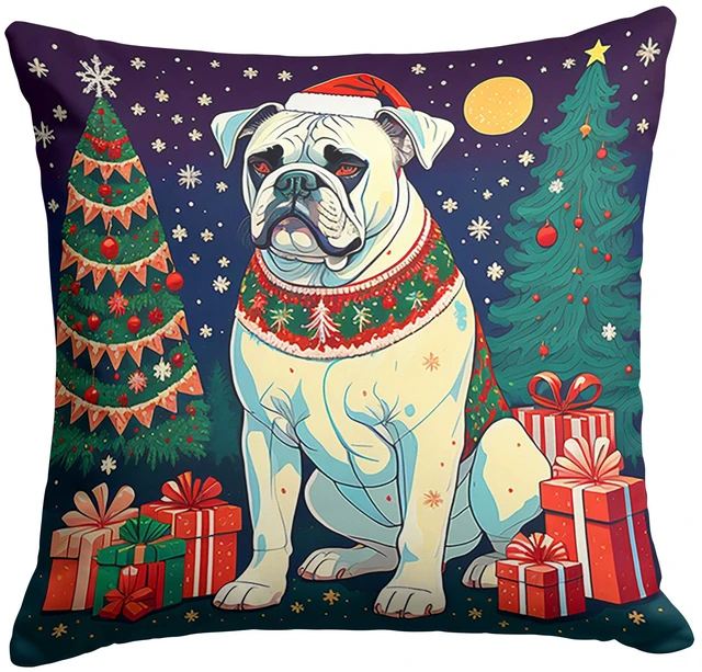 Main image of White Boxer Christmas Throw Pillow Machine Washable, Indoor Outdoor Decorative Pillow for Couch, Bed or Patio, 18Hx18W