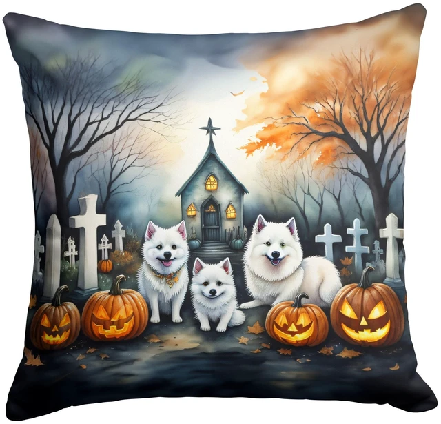 Main image of American Eskimo Spooky Halloween Throw Pillow Machine Washable, Indoor Outdoor Decorative Pillow for Couch, Bed or Patio, 18Hx18W