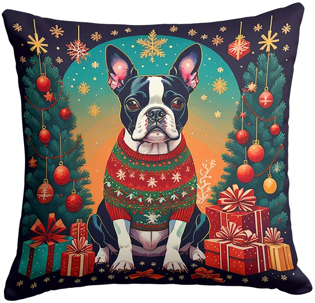 Main image of Boston Terrier Christmas Throw Pillow Machine Washable, Indoor Outdoor Decorative Pillow for Couch, Bed or Patio, 18Hx18W