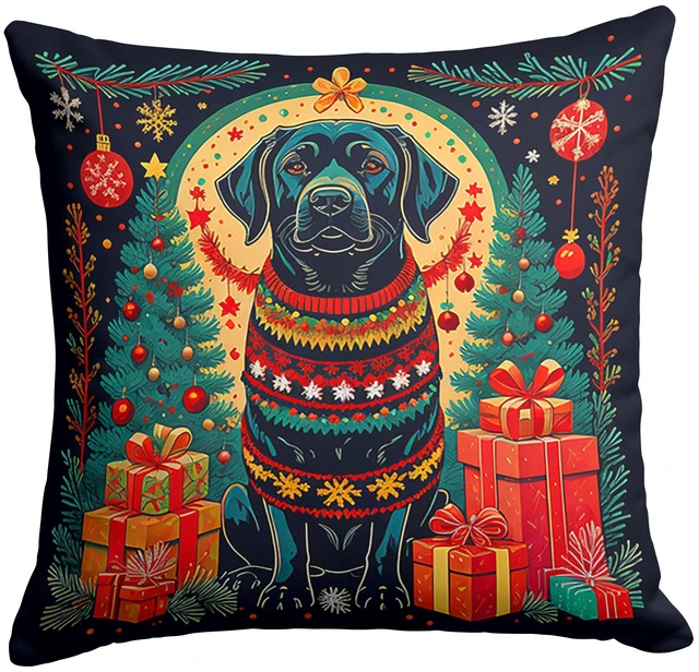 Main image of Black Labrador Retriever Christmas Throw Pillow Machine Washable, Indoor Outdoor Decorative Pillow for Couch, Bed or Patio, 18Hx18W