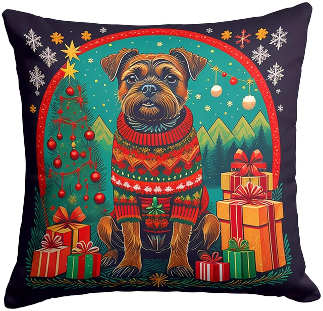 Main image of Border Terrier Christmas Throw Pillow Machine Washable, Indoor Outdoor Decorative Pillow for Couch, Bed or Patio, 18Hx18W