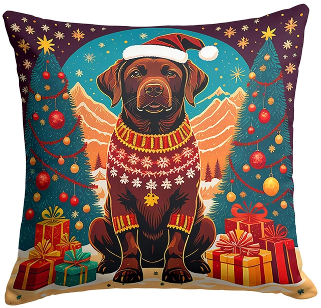 Main image of Chocolate Labrador Retriever Christmas Throw Pillow Machine Washable, Indoor Outdoor Decorative Pillow for Couch, Bed or Patio, 18Hx18W