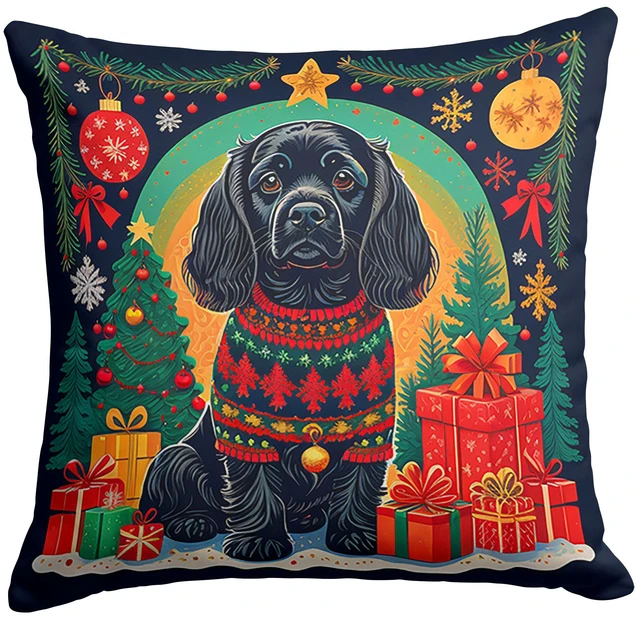 Main image of Black Cocker Spaniel Christmas Throw Pillow Machine Washable, Indoor Outdoor Decorative Pillow for Couch, Bed or Patio, 18Hx18W