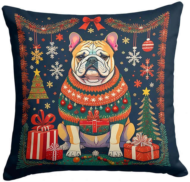 Main image of English Bulldog Christmas Throw Pillow Machine Washable, Indoor Outdoor Decorative Pillow for Couch, Bed or Patio, 18Hx18W