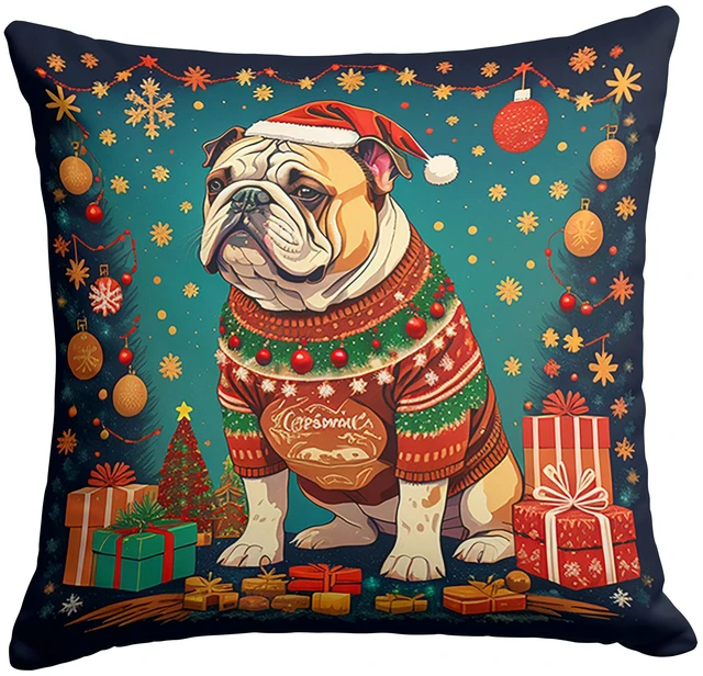 Main image of English Bulldog Christmas Throw Pillow Machine Washable, Indoor Outdoor Decorative Pillow for Couch, Bed or Patio, 18Hx18W