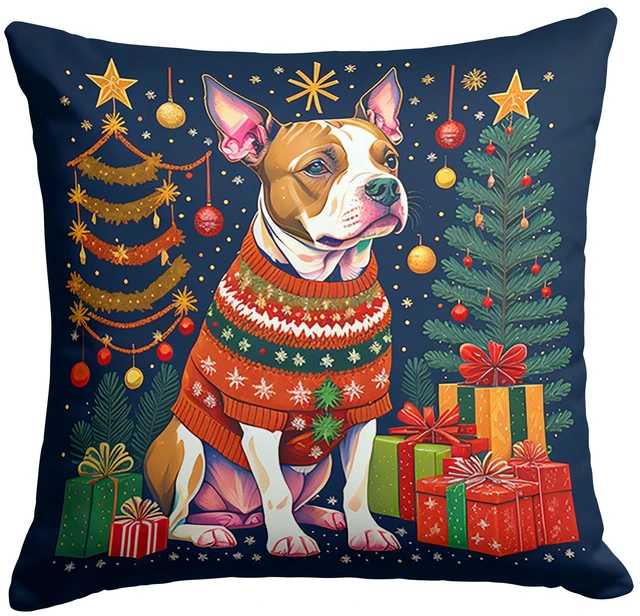 Main image of NEW Pit Bull Terrier Christmas Throw Pillow Machine Washable, Indoor Outdoor Decorative Pillow for Couch, Bed or Patio, 18Hx18W