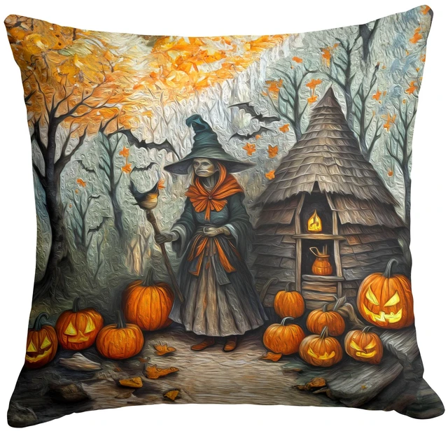 Main image of Slavic Witch Spooky Halloween Throw Pillow Machine Washable, Indoor Outdoor Decorative Pillow for Couch, Bed or Patio, 18Hx18W