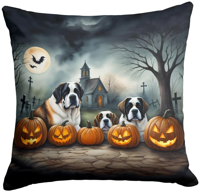 Main image of Saint Bernard Spooky Halloween Throw Pillow Machine Washable, Indoor Outdoor Decorative Pillow for Couch, Bed or Patio, 18Hx18W