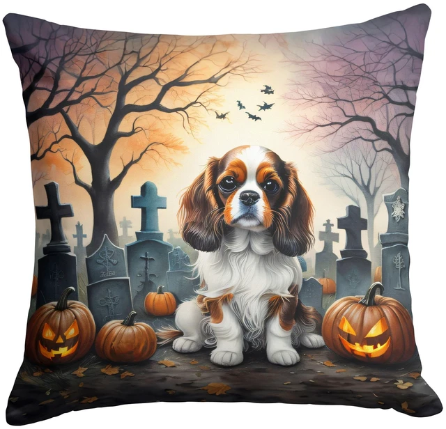 Main image of Cavalier Spaniel Spooky Halloween Throw Pillow Machine Washable, Indoor Outdoor Decorative Pillow for Couch, Bed or Patio, 18Hx18W