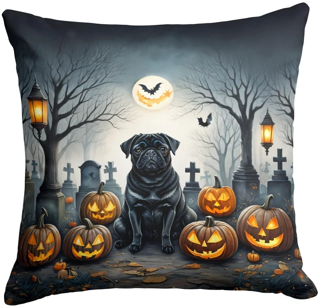 Main image of Black Pug Spooky Halloween Throw Pillow Machine Washable, Indoor Outdoor Decorative Pillow for Couch, Bed or Patio, 18Hx18W