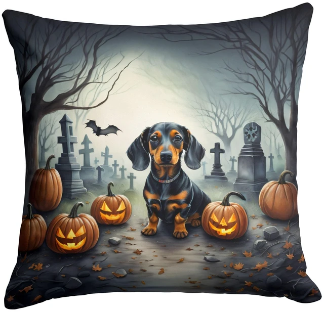 Main image of Dachshund Spooky Halloween Throw Pillow Machine Washable, Indoor Outdoor Decorative Pillow for Couch, Bed or Patio, 18Hx18W