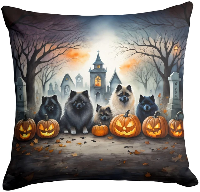 Main image of Keeshond Spooky Halloween Throw Pillow Machine Washable, Indoor Outdoor Decorative Pillow for Couch, Bed or Patio, 18Hx18W