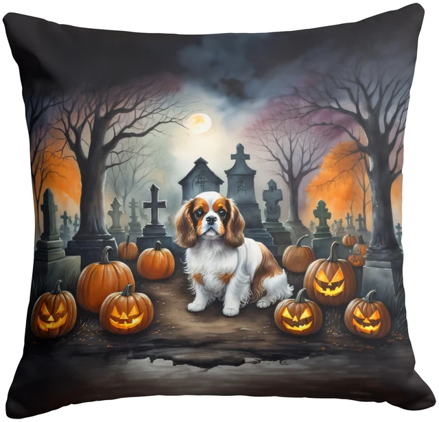 Main image of Cavalier Spaniel Spooky Halloween Throw Pillow Machine Washable, Indoor Outdoor Decorative Pillow for Couch, Bed or Patio, 18Hx18W