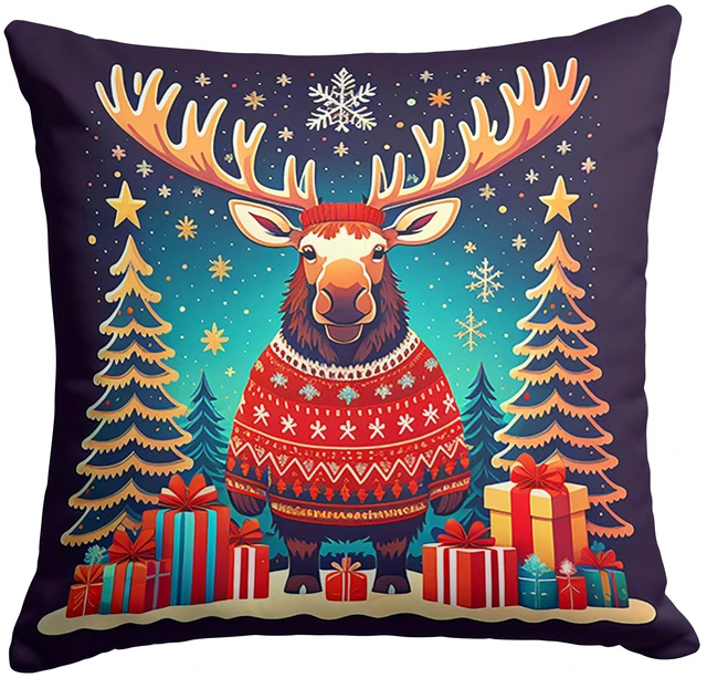 Main image of Moose Christmas Throw Pillow Machine Washable, Indoor Outdoor Decorative Pillow for Couch, Bed or Patio, 18Hx18W