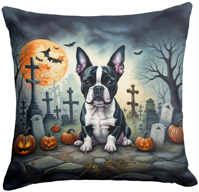 Main image of Boston Terrier Spooky Halloween Throw Pillow Machine Washable, Indoor Outdoor Decorative Pillow for Couch, Bed or Patio, 18Hx18W