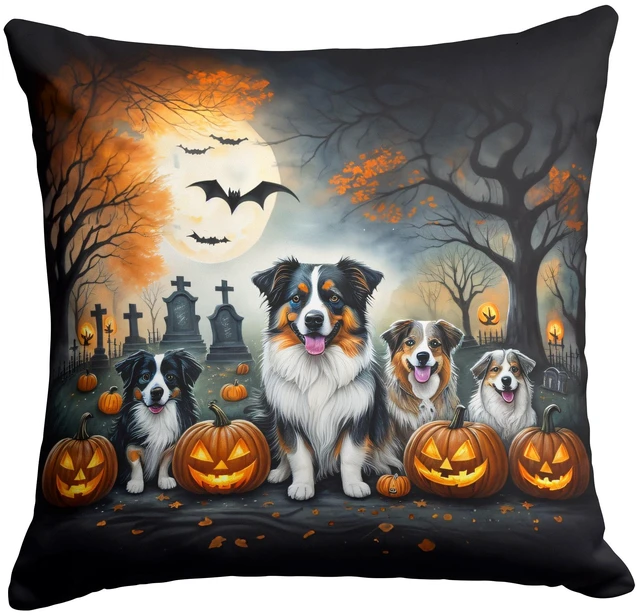 Main image of Australian Shepherd Spooky Halloween Throw Pillow Machine Washable, Indoor Outdoor Decorative Pillow for Couch, Bed or Patio, 18Hx18W